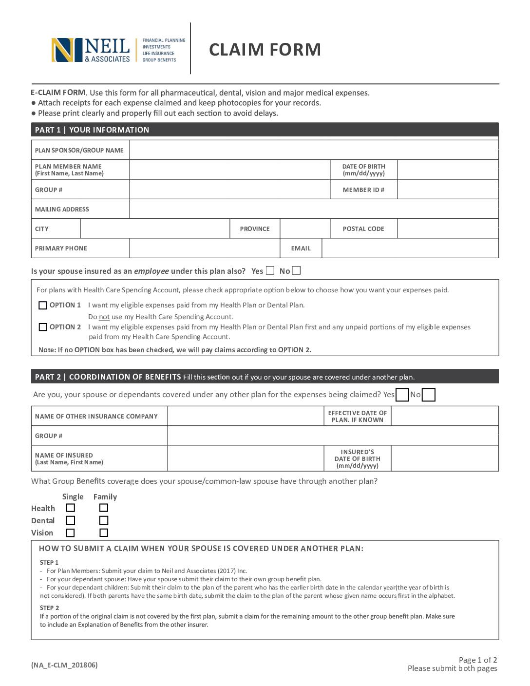 Canadian Benefit Providers Health and Dental Claim Form